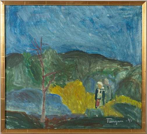OLAF TANGEN (NORGE 1903-1997). Landskap med figurer, olja på pannå. på auktion hos Stockholms Auktionsverk Helsingborg
