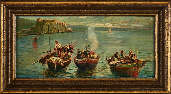 MAURO ABBATE (1900-TAL). Fiskebåtar, olja på duk. på auktion hos Stockholms Auktionsverk Magasin 5
