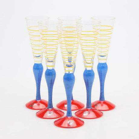 ANNE NILSSON. SNAPSGLAS, 6 stycken, "Clown - Yellow Stripes", Orrefors. på auktion hos Borås Auktionshall