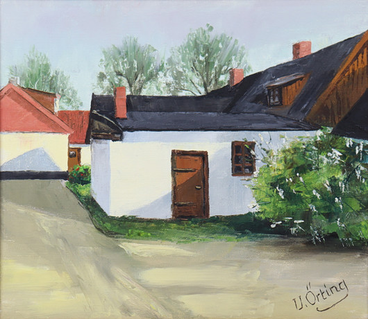 ULLA ÖRTING (1929-2026). olja på duk, "Hemma på läget" Gislöv. på auktion hos Markus Auktioner
