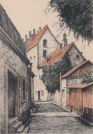 GASTON SMIDT. etsning, “Lybska gränd Visby”. på auktion hos Markus Auktioner