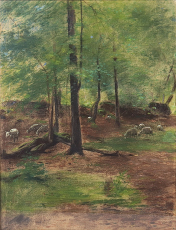 OIDENTIFIERAD KONSTNÄR. pastell, får på skogsbete. på auktion hos Markus Auktioner