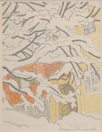 HILDING LINNQVIST. LITOGRAFI, STADSVY I SNÖ, SIGNERAD. på auktion hos Crafoord Auktioner Lund