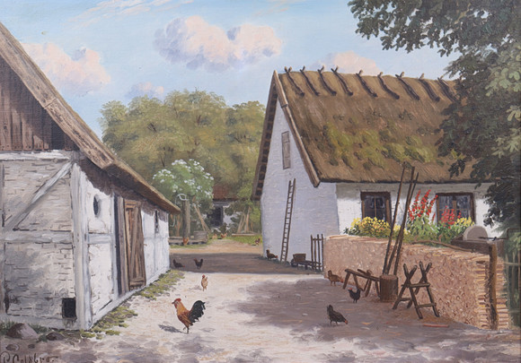 olja på duk, skånegård med höns. på auktion hos Markus Auktioner