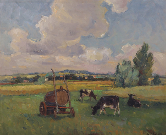 GUSTAV BERLIN. olja på pannå, Landskap med kor, Mossen, Södra Sandby. på auktion hos Markus Auktioner