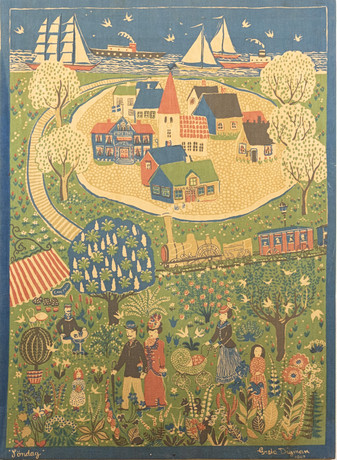 GRETA P:SON DIGMAN. Textiltryck, "Söndag", 1947. på auktion hos Karljohan Auktioner