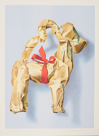 YRJÖ EDELMANN. "Wrapped Christmas Goat", färglitografi, signerad och numrerad 356/375. på auktion hos Crafoord Auktioner Malmö
