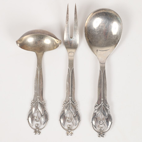 JOHANNES SIGGAARD. Uppläggningsbestick, 3 stycken, silver, Carl M. Cohr, Danmark, 1934-1937. på auktion hos Helsingborgs Auktionskammare