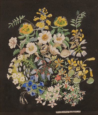 JULIA HASSELBERG-BÄCKDAHL. Blomster, akvarell op svart papper, signerad och daterad -52. på auktion hos Auktionsfirma Kenneth Svensson i Kalmar