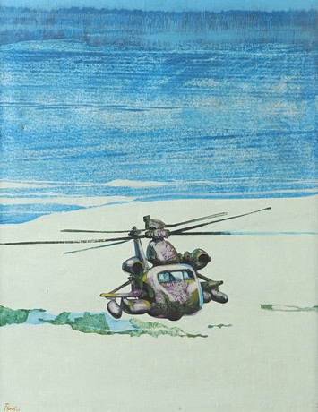 OIDENTIFIERAD KONSTNÄR. Helikopter, olja på duk, otydligt signerad. på auktion hos Helsingborgs Auktionskammare