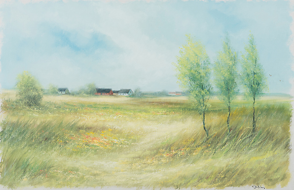 CARL JULIUS. Scanian landscape with farm, oil on canvas, signed C ...