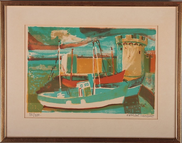 GEORGES LAMBERT. color lithograph, fishing boats, numbered 86/250. Art ...