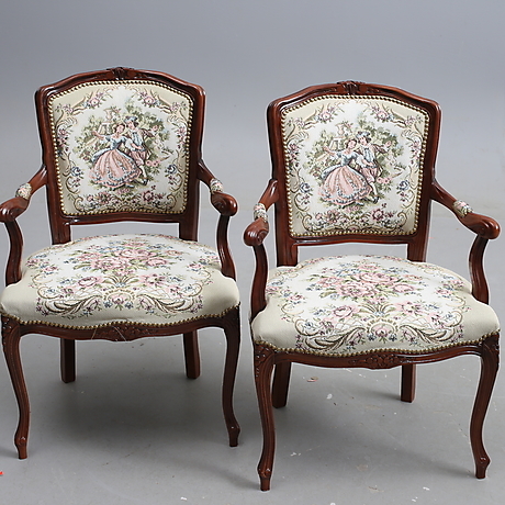 ARM CHAIRS, a pair, rococo style, embroidered back and seat. Furniture ...