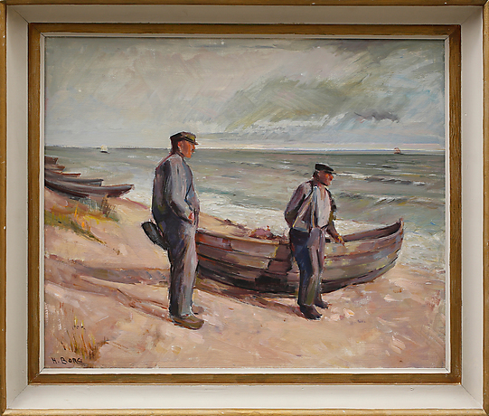 Unknown artist, oil on canvas, fisherman by the shore, signed H. Fort ...