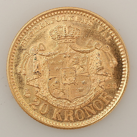 GULD MØNT, SEK 20, Oscar II, konge af Sverige og Norge, 1895. Mønter ...