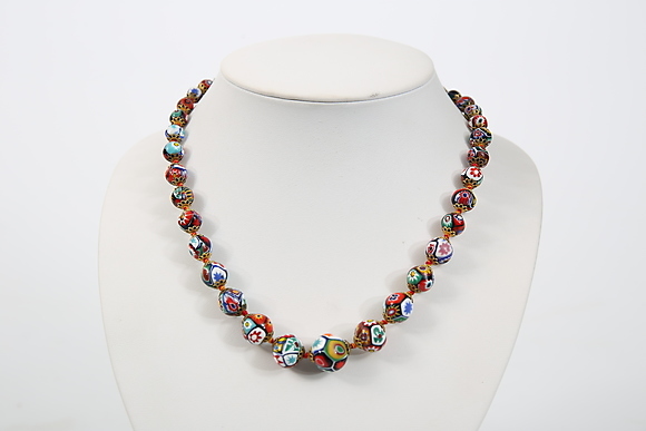 Collier Sautoir Long Perles Millefiori Murano Vintage - Perles En Verre Ancien - Occasion