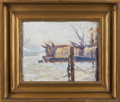 ALFRED WILLIAM FINCH. Vintrig hamnvy, signerad, olja på...