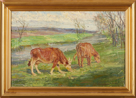 IDA VON SCHULZENHEIM (Sverige, Västlandaholm 1859-1940 Stockholm), Grönskande landskap med betande kor, signerad och daterad 1923, olja på duk.