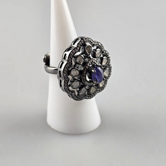 Tansanitt- og diamantring, sterlingsølv 925
