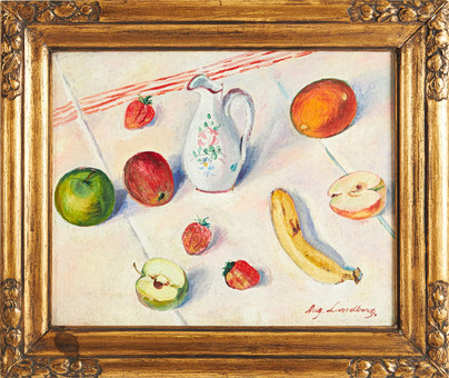 AUGUST LUNDBERG. Stilleben med frukter och kanna.