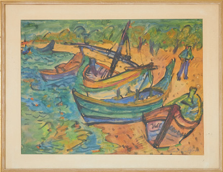 EVERT LINDFORS. Strandmotiv med båtar, pastell, signera...