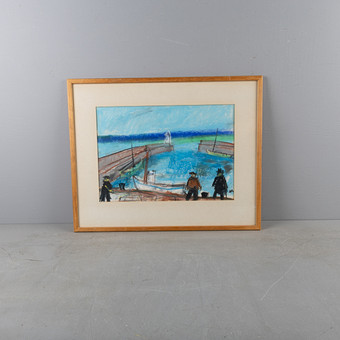 BERTIL ANDERSSON. Oljepastell, hamnmotiv, signerad.