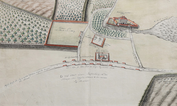 HANDRITAD SITUATIONSKARTA ÖVER BOITZENBURG, MECKLENBURG-VORPOMMERN, MED BESKRIVANDE TEXTER PÅ SVENSKA OM POSTERINGAR MM. 1635.