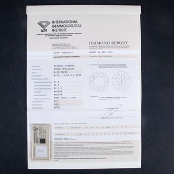 DIAMANT, 0,31 ct, rund briljantslipning, färg H (2), klarhet SI1 – Slightly Included, slipning Very Good / Good. Naturlig diamant med certifikat från International Gemmological Institute (IGI), nr F2E16927.