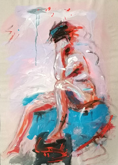 PATRICK CUENOT PAINTING OF A SEATED NUDE LADY.