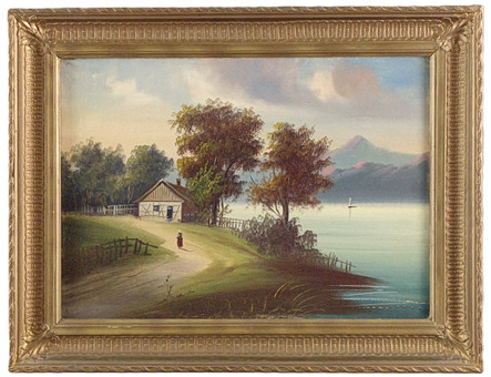 UNKNOWN ARTIST. -20th c.- Alpine lake with farmhouse on the shore, oil on canvas.