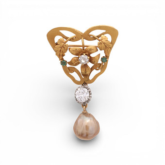 Modernist diamond and baroque pearl brooch, from the early 20th century.
