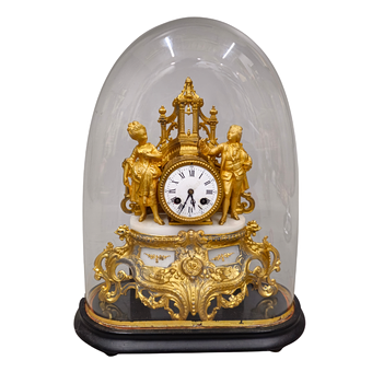 RELOJ DE SOBREMESA BRUNFAUT ROCOCO FRANCES DE FINALES DEL 19 BRONCE DORADO SIMIL OR MOLU CON MARMOL. CAMPANA DE SU ÉPOCA.