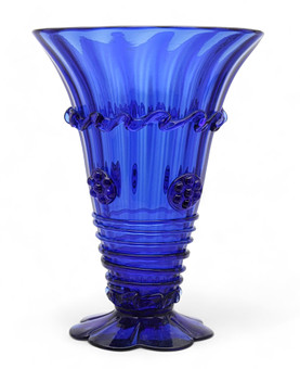 A Mallorcan vase in cobalt blue blown glass vase, and a colourless and blue vase, both by Gordiola, and a large moulded dish, circa 1975.