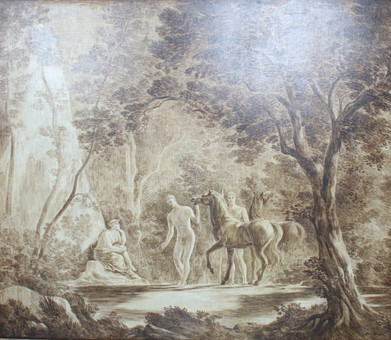 HANS ALBERT SIMON-SCHAEFER (1907-1993). Olietryk på træ. "Badende nymfer i en skovlysning".