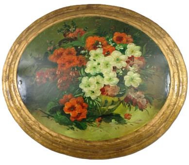 佚名艺术家。花卉静物，约1900年，凸形椭圆形木板油画。