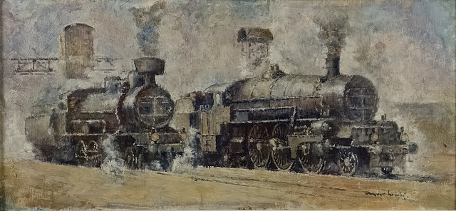 UNBEKANNTE/R KÜNSTLER/IN (20.JH.). Stimmungsvolle Szene mit zwei historischen Dampflokomotiven, Öl auf Hartfaserplatte.