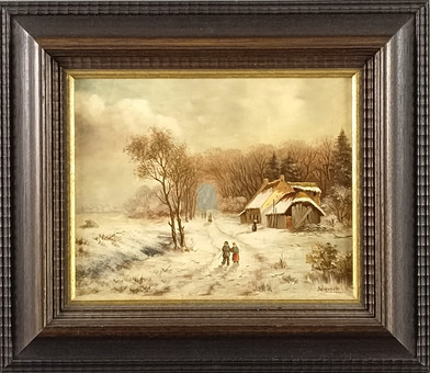 SÖRENSEN, JÖRG。冬季风景，农舍与人物点缀于积雪的村道，木板油画。