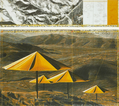 CHRISTO & JEANNE-CLAUDE. "The Umbrellas (Joint project for Japan and USA)", Diptyk, signerade, färgoffset.
