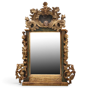 Mirror with Baroque carved, polychromed and gilded wood frame, 18th century.