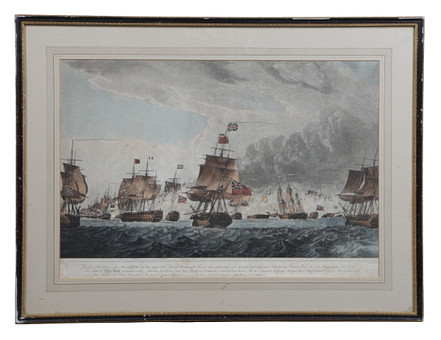 AFTER ROBERT DODD "THIS VIEW OF THE ACTION ON THE MORNING 1794 AT THE TIME OF BREAKING THE FRENCH LINE", 18TH CENTURY COLOURED AQUATINT.