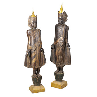 A LARGE NEAR PAIR OF BURMESE CARVED BUDDHAS (2).