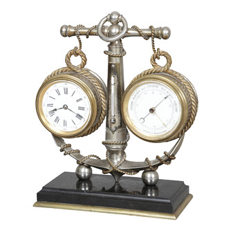 A LATE 19TH CENTURY SILVER PLATED AND BRASS NAVAL DESK CLOCK, BAROMETER AND THERMOMETER SET.