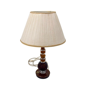 Personalized lamp from the 1970s with initials 'G. D.' and a picture of a wild boar hunt.