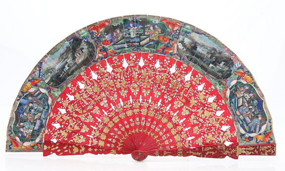 Chinese "thousand faces" fan with faux cinnabar lacquer sticks and painted paper leaves, 19th Century.