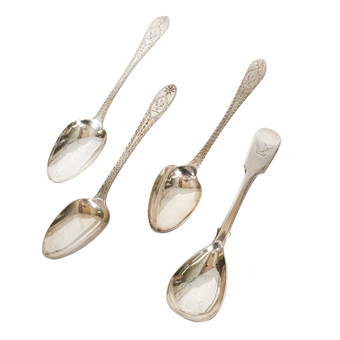 IRISH SILVER; TO INCLUDE A NEAR SET OF THREE DESSERT SPOONS TOGETHER WITH A ANOTHER SPOON (4).