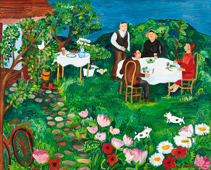 ANN-CHRISTINE JENSMAR (född 1954). "Söndagsmiddag i trädgården", signerad, olja på duk.