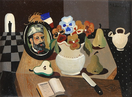ERIC CEDERBERG. Tempera. Stilleben med frukt och porträtt. Signerad.