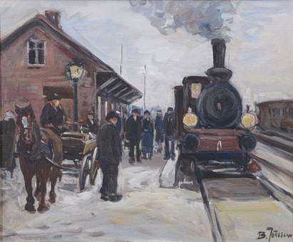BROR JÖNSSON. På tågstation, olja på duk, signerad.