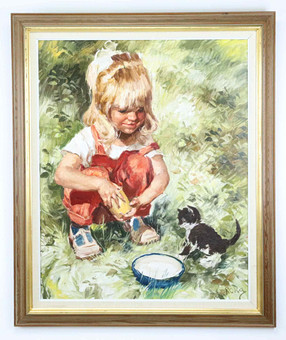 CHARLES ROKA. Olja på duk, flicka med kattunge, , signerad.
