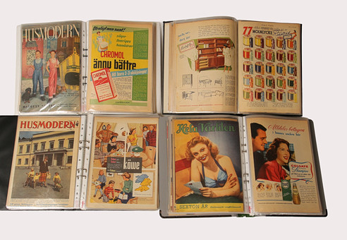 REKLAMANNONSER, 4 pärmar innehållande totalt 240 blad från främst Husmodern och Allers ca år 1950.